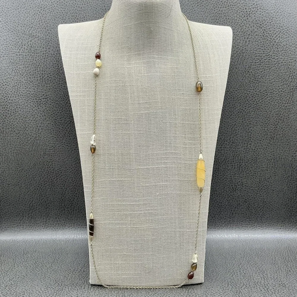 Kenneth Cole Necklace Gold Tone Multicolor Stone Beaded Station Long Chain 28